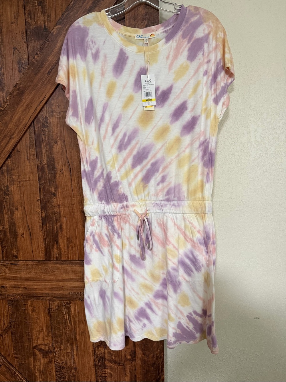 C&C California Pastel Purple & Yellow Tie-Dye Tee Dress with pockets. Size M